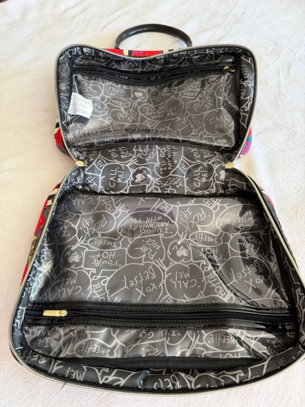 Betsey Johnson Red Cherry Print Cosmetic bag with Stripes & Floral Motif
